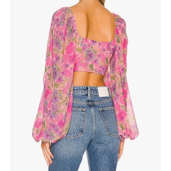 For Love & Lemons Trisha Crop Top Pink Multicolor Sweetheart Puff Sleeves Medium - Picture 2 of 9
